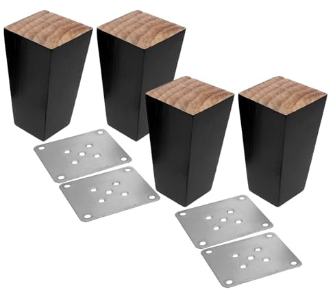 STAHAD Lot de 4 Pieds de Meubles Carrés en Bois Massif, 10 Cm, Noir, Pieds de Canapé, Fauteuil, Commode et Table de Chevet, Patins Antidérapants Inclus, Remplacement pour Meubles en Bois