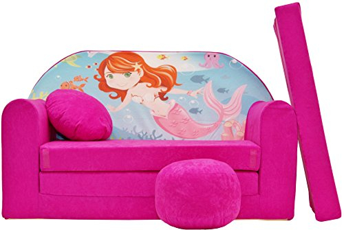 Pro Cosmo Kindersofa Bettfunktion 3in1 Sofa + Gratis Polsterhocker und Kissen Kindermöbel Set - H4 Rosa - Meerjungfrau