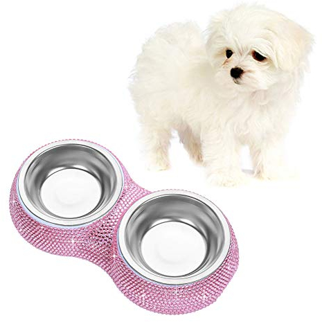 Soleebee Bling Strass Haustier Hundefutter Hunde Fressnapf Wasser Futterspender Schüssel Doppelgebrauch Teller - Rosa