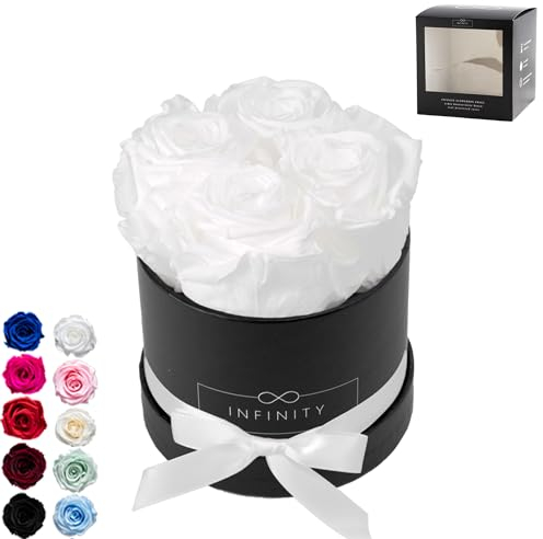 Flowerbox - 4 Infinity Rosen in Rosenbox (3 Jahre haltbare konservierte Ewige Blume). Inklusive Geschenkbox & Rosenduft - Frisch handgemacht von Deutschen Meisterfloristen