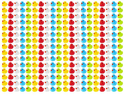 300 WELLGRO Badeenten - bunt (gelb, rot, weiß, blau, grün), je Ente ca. 3,5 x 3 cm (ØxH), Gummiente, im Netz