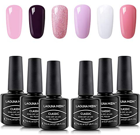 LagunaMoon Gel Nail Polish Set - 6 Colours Pastel Pink Glitter White Dark Purple High-Shine Kit Gel Polish for Salon Quality DIY Nails - UV LED Soak Off Lacquer Kit Varnish Manicure & Pedicure