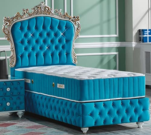 Casa Padrino Barock Einzelbett Türkis/Weiß/Antik Gold - Prunkvolles Samt Bett mit Glitzersteinen und Matratze