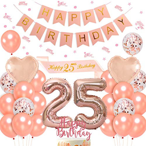 25th Birthday Decorations Rose Gold for Women, 25 Birthday Party Supplies with HAPPY BIRTHDAY Banner Sash, Confetti Latex Balloons Heart Foil Balloons, Cake Topper