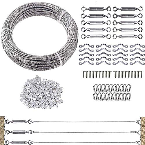 TooTaci Edelstahlseil 3mm Set, Drahtseil 3mm Edelstahl, 60M/3mm Edelstahl Stahlseil Spanndraht, M5 Seilspanner Edelstahl Set, Stahlseil mit Ösen, Seilspanngarnitur Outdoor für Zaun, Geländer