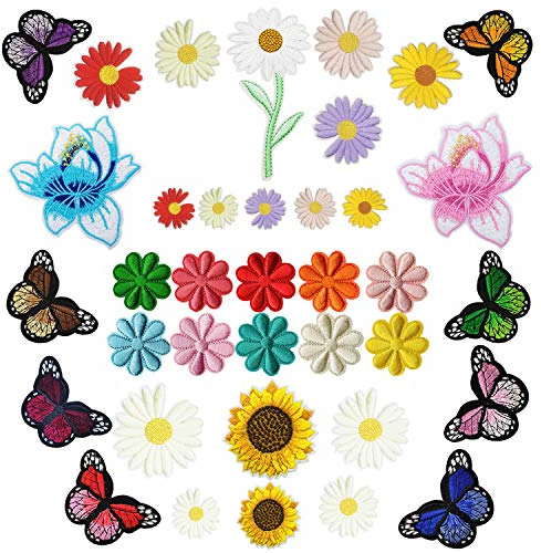 Woohome Blume Patches zum Aufbügeln, 37 Stück Floral Rose Schmetterling Gänseblümchen Sonnenblume Bügelflicken Applikation Gestickten Aufnäher für T-Shirt Jeans Taschen Kleidung
