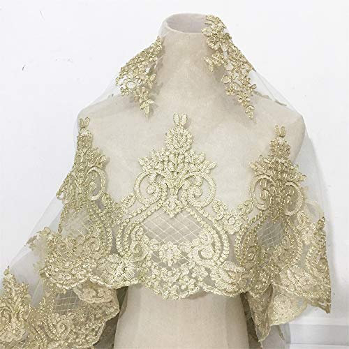 129.5 cm breite goldene Auto-Knochen-Spitzenborte, handgefertigt, Stickerei, Spitze, florales Spitzenstoff für Hochzeitskleid, Schleier, Tanzkostüm-Zubehör, Heimdekoration (2 Yard, Gold)
