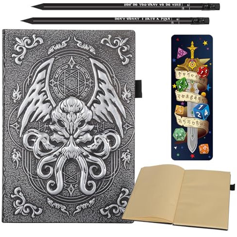 DND Kampagnen-Tagebuch mit 3D-Cthulhu-geprägtem Ledereinband, 192 leere Seiten, A5-Notizbuch, toller RPG-Notizblock für GM und Spieler (Silber)
