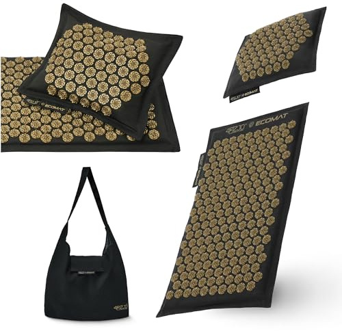 4FIZJO Akupressurmatte & Kissen ECO, 68x42x2 cm, mit Tragetasche, Umweltfreundliche Materialien, 6750 Stacheln, Massagematte für bessere Durchblutung, Muskeln Entspannung, Farbe: Schwarz und Gold