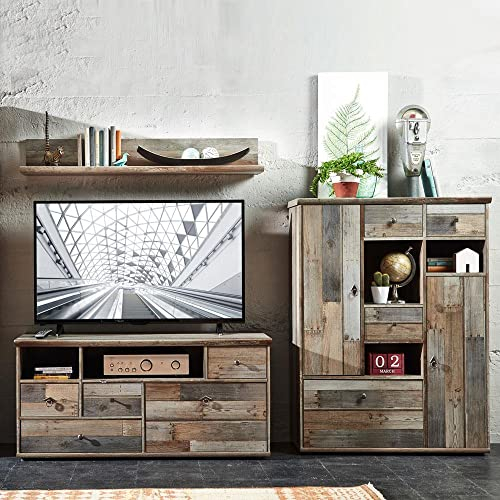 Lomadox Vintage TV Media Wohnwand Driftwood braun, B/H/T ca. 244/170/52 cm