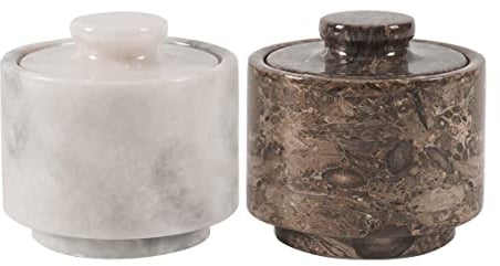 Marblous Krafts Stylish Marble Salt and Pepper Cellar White and Grey Oceanic 3.5 oz Salt Cellar, Salt Container and Tea Storage Box 3 X 3 Salt Holder with lid (White and Grey Oceanic)