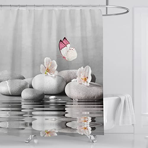 OCEUMACO Rideau de Douche Anti Moisissure 3D Zen Original Rideau Douche Tissu Polyester Imperméable 180x200 cm Papillon Galet Rideaux de Douche Baignoire Lavable Machine avec Crochets - Gris