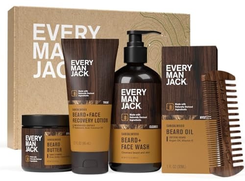 Every Man Jack Beard Essentials Gift Set for Men – Complete Routine with 5 Full-Size Essentials – Sandalwood Scent - Beard & Face Wash, Lotion, Oil, Butter & Comb