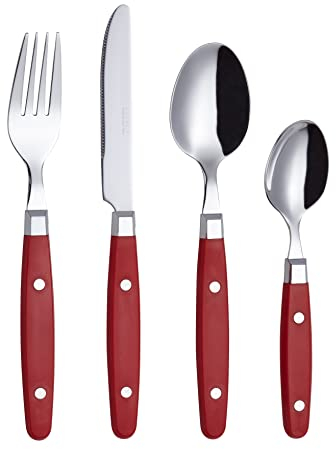 EXZACT Cutlery Set 24pcs Stainless Steel - with Rivet Craft Handles/Retro Style Flatware - 6 x Dinner Forks, 6 x DinnerKnives, 6 x Table Spoons, 6 x Tea Spoons -Serves 6 (Red)