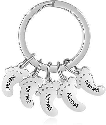 Kaululu Petits Pieds Personnalisé Porte-clés Con Prenoms Personnalisable Keyring Keychain Acier Inoxydable Cadeau pour Elle Lui Famille Parents Enfants Argent 5 Noms