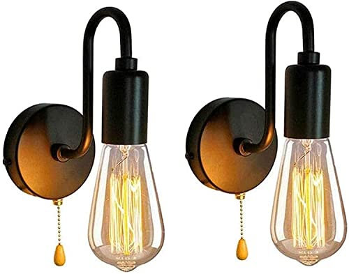 UimimiU 2 Pack Vintage Industrial Wall Lamp with Pull Cord Switch E27 Indoor Lighting Wall Light Simple Black Sconces for Bedroom Living Room Restaurants Porch Doorway Hallway