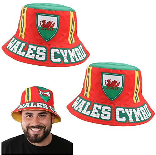 I LOVE FANCY DRESS LTD Wales Bucket Hat - Pack of 2 - Red Bucket Hat with Welsh Flag and Wales Cymru Print - Welsh Football World Cup Supporters Accessory