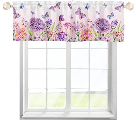 Bistrogardine Scheibengardinen Küche Fenster Bunte Hortensien Blumen Schmetterling Fensterbehandlung Vorhänge Schiebevorhänge kurzer Vorhang Fenstervolant für Badezimmer Multicolor 137x45cm,1 Stück