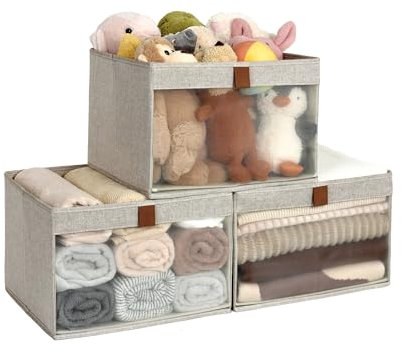 StorageWorks Shelf Storage Boxes, Clothes Storage Boxes with Clear Window and Handles, Foldable Storage Baskets for Shelves, Fabric Clothes Wardrobe Organiser for Bedroom, Brown and Beige, 3 Pack