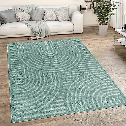 Paco Home Outdoor Teppich Wetterfest Balkon Boho Wohnzimmer Küche Skandinavisch Muster Einfarbig 3D Effekt Modern, Grösse:140x200 cm, Farbe:Türkis 4