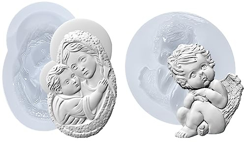 FUNSHOWCASE Art Molds for Polyclay Air Dry Clay Plaster, Carved Holy Family Mother and Cherub, Silicone Tray