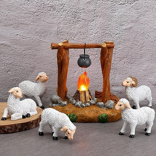 Barydat Weihnachtskrippen-Set, 12,7 cm, weiße Schafe, Tierfiguren, Weihnachtsfiguren, Weihnachtskrippe, Dorf-Zubehör, beleuchtetes Lagerfeuer, handgeformt und bemalt, 6-teilig