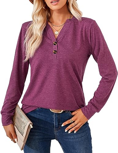 Heersan Damen Bluse Elegant Langarmshirt V-Ausschnitt Tops Henleyshirt Locker Shirt Lässig Oberteil 2026 für Frühling, Sommer und Herbst Blusen