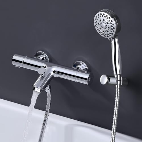 iVIGA Robinet de Baignoire Thermostatique avec Douchette 5 Modes Jets, Mitigeur Bain Douche Mural avec 150cm Flexible et Support, Robinet de Bain Monocommande Mural pour Salle de Bain en Laiton Chromé