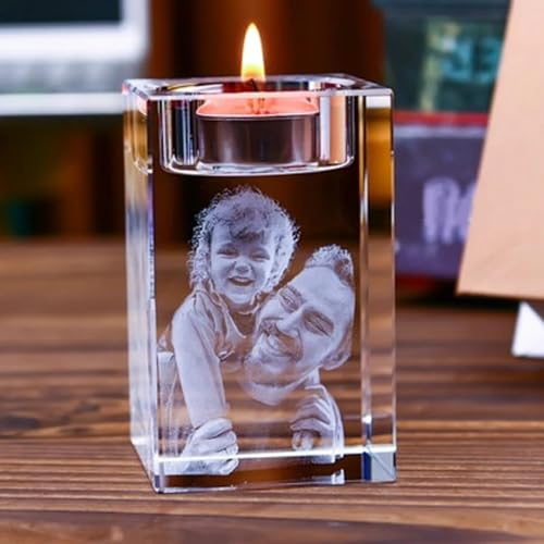 Personalized Photo Engraved Crystal Candelabra,Custom 3d Crystal Photo Tea Light Holders Picture Candlestick Decor for Wedding Anniversary Birthday Christmas Home Decoration Custom Gift (5X5X10CM)