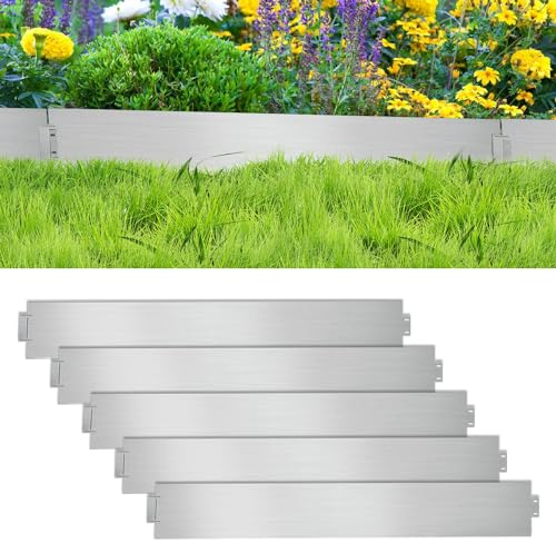 Ikodm Rasenkante 5m 10m 15m 20m 30m 40m 50m Rasenkante Metall, 100x18cm verzinkt Beeteinfassung Beetumrandung Mähkante Metall Palisade, kann für Hof,Garten,Bauernhof, Länge 20m - Höhe 18cm-Silbrig
