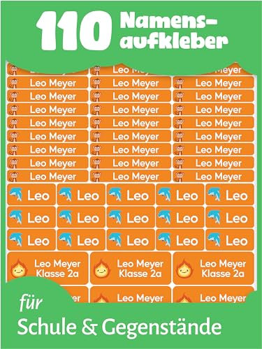 LabelTiger® Personalisierte Namensaufkleber im Set für Kinder in der Schule - 110 Stück, Aufkleber für Stifte und Schulsachen, Selbstklebend & Wasserfest - Orange