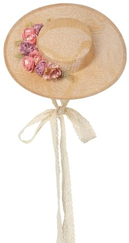 COSDREAMER Girls Women Tea Party Sun Hat Lace Ribbons Straw Hats (White)