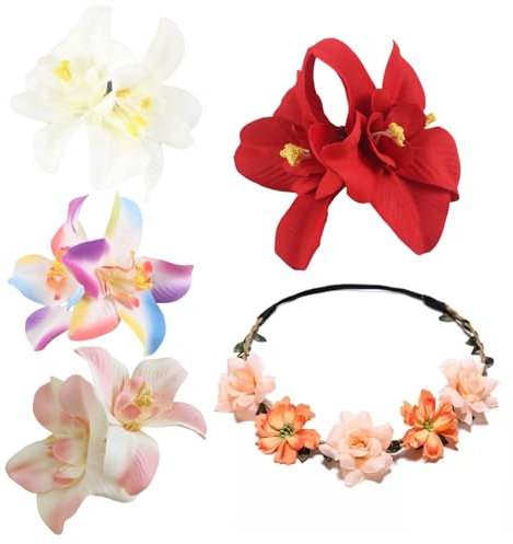 Lot de 4 barrettes à cheveux orchidées, 1 bandeau en soie, fleurs hawaïennes, accessoires de vacances, pinces à cheveux à fleurs rouges, accessoires de plage pour femme