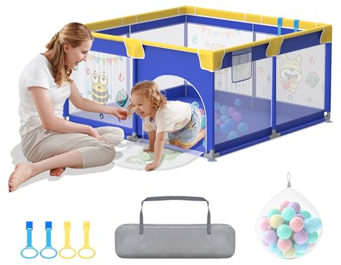LZQ Laufstall Baby Laufgitter Baby Playpen, Kinderlaufstall mit Tür,Kinder Sicherheitsspielplatz Schutzgitter,mit 50 Bällen,4 Zugringen und Tragetasche (Blau, 127 * 127 * 68cm)