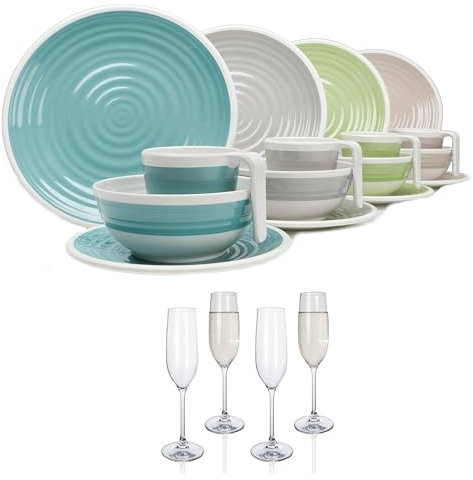 Melamin Camping Geschirr Set 4 Personen Harmonie 16 Teilig + 4 Champgner Gläser Flûtes Tafelgeschirr Picknick BBQ Kochgeschirr