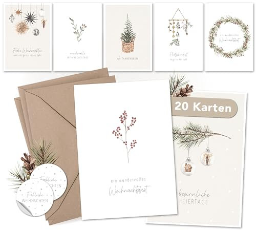 luftundliebe Weihnachtskarten - Weihnachtskarten mit Umschlag Set (20 Stück) - A6 Postkarten Set mit weihnachtlichen Motiven - Weihnachtspostkarte - Aquarell