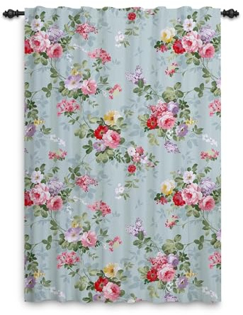 ggaimwf Vorhänge mit Blumenmuster Retro Blumenvorhang Bauernhaus Grüner Vorhang Bleistiftfalten für Wohnzimmer Fenster Heimdekor Balkontür Outdoor-Vorhang Bandoberseite 107x160cm, 1 Stück