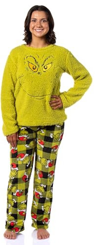The Grinch - Set pigiama da donna Dr. Seuss, motivo: Babbo Natale Grinch, in pile, motivo scozzese, 2 pezzi, Grinchsetv1, L