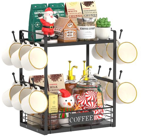 EsLuker.ly 2 Etagen Tassenhalter Stand für Arbeitsplatte, 12 Haken Tassenregal Wand mit Aufbewahrungskorb, Metall Holz Tassenständer Tassen Organizer für Kaffeebar Küche, Schwarz