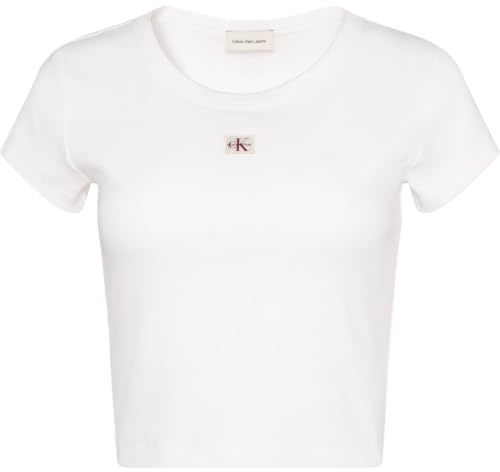 Calvin Klein Damen T-Shirt Kurzarm Woven Label Rib Baby Tee mit Rundhalsausschnitt