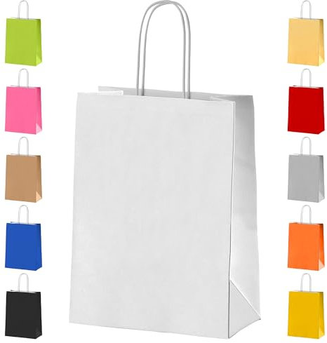 Paper Party Bags with Handles [ White ] 10x Gift Bags Small Colourful Carrier Paper Bags Goody Bags for Adults and Kids Parties Weddings Birthdays Baby Showers Xmas and Sweets 18x22x8cm Craft Bags