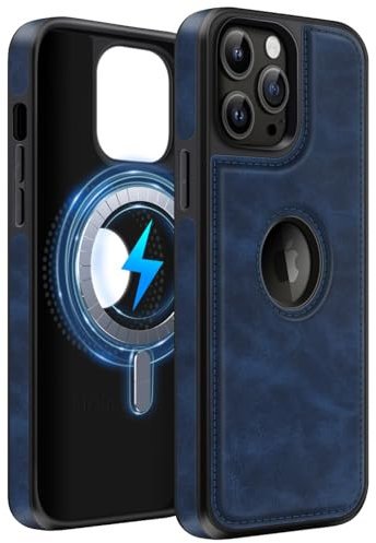 MOBESV Lederhülle mit Logo-Ansicht für iPhone 13 Pro Max 6,7 Zoll, Magnetisch Handyhülle kompatibel mit MagSafe, Dünn Klassische Elegant Hülle, Königsblau