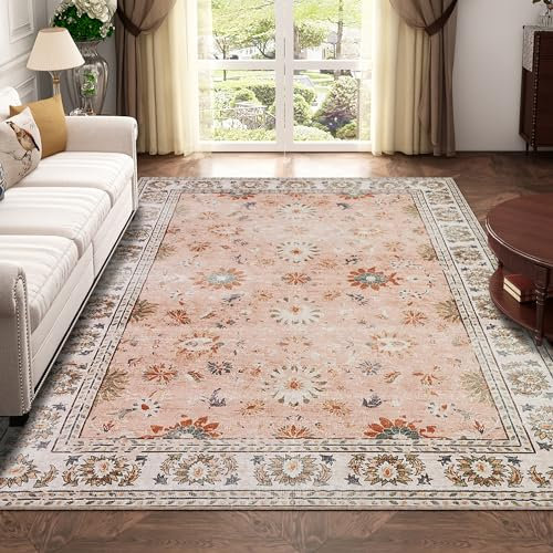 Xfrog Machine Washable Rug Vintage Area Rug for Living Room Non-Slip Traditional Rug Carpet for Office Kitchen Dining Blush 80x150CM