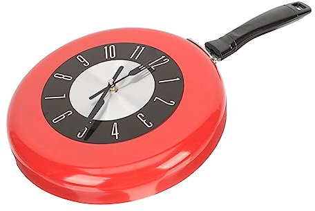 Cabilock Kitchen Wall Decor Round Griddle Wall Hanging Clock Retro Wall Clock Minimalist Wall Clock Office Wall Clock Kitchen Theme Wall Clock Frying Pan Hanging Clock Red Stainless Steel