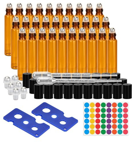 YKUKIZEE 30 PCS 10 ml Glass Essential Oil Roller Bottles, Amber Glass Roll on Bottles with Stainless Steel Balls, Refillable Glasses Roller Ball Bottle for Perfume Aromatherapy Massage Fragrance