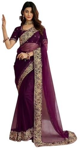 TRAFAART Sari De Red Para Mujer Regalo De Boda Indio Sari Bordado Con Pieza De Blusa Sin Coser Vestido Étnico