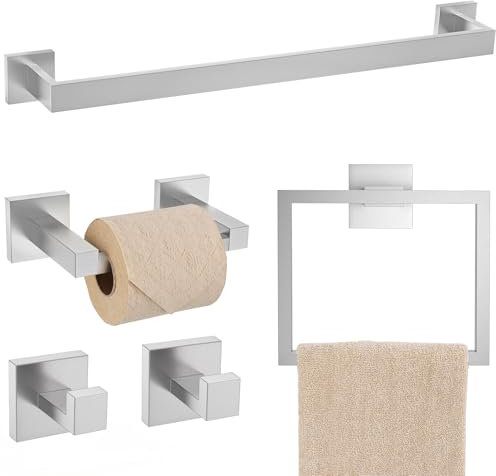 TQKAG Set di accessori per il bagno in nichel spazzolato 5 pezzi, set di porta carta igienica girevole a doppio palo in acciaio inossidabile quadrato da bagno porta asciugamani da bagno set da parete