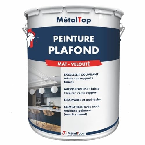 Metaltop - Peinture Plafond - Blanc - 1 L - Finition mate veloutée, sans odeur, lessivable, adaptée aux plafonds