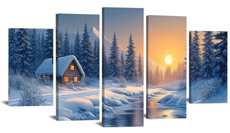 TODOAA 5-teiliges Set Winter Natur Bilder, Winterlicher Sonnenuntergang Baumlandschaft Wohnzimmer Vlies Leinwandbild Kunstdruck- modern Wandbilder XXL Wanddekoration Wand Bild - 75x150cm Gerahmt