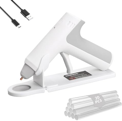 DOMINOX Cordless Hot Glue Gun with 20 Glue Sticks, 25s Fast Preheating, 2000mAh Type-C Rechargeable, Smart-Power-Off, for Art, Craft, DIY, Home Repairs, White